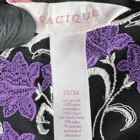 Cacique Womens 22-24 Babydoll Lingerie Black Purple Floral Embroidered Bows Sexy - Picture 8 of 11